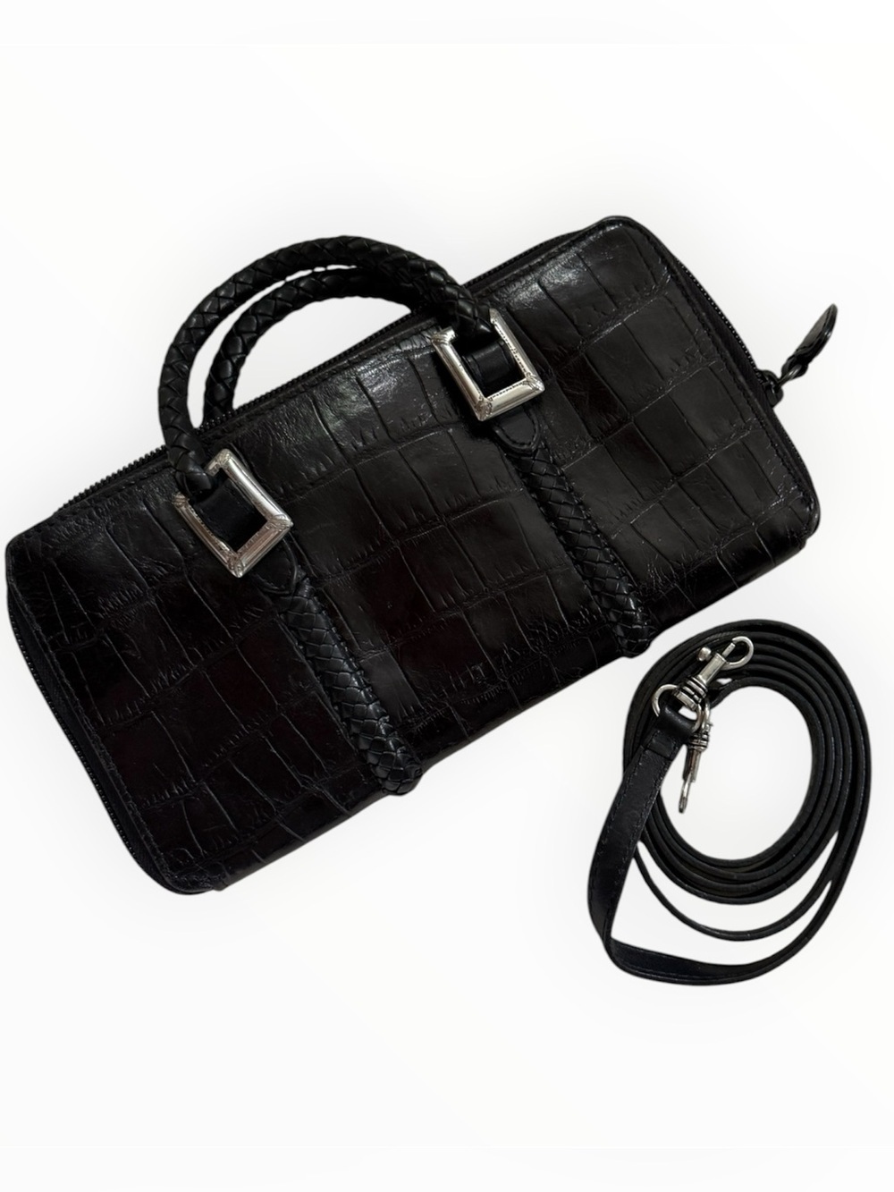 Vintage Brighton Black Croc-Embossed Leather clutch crossbody Removable strap